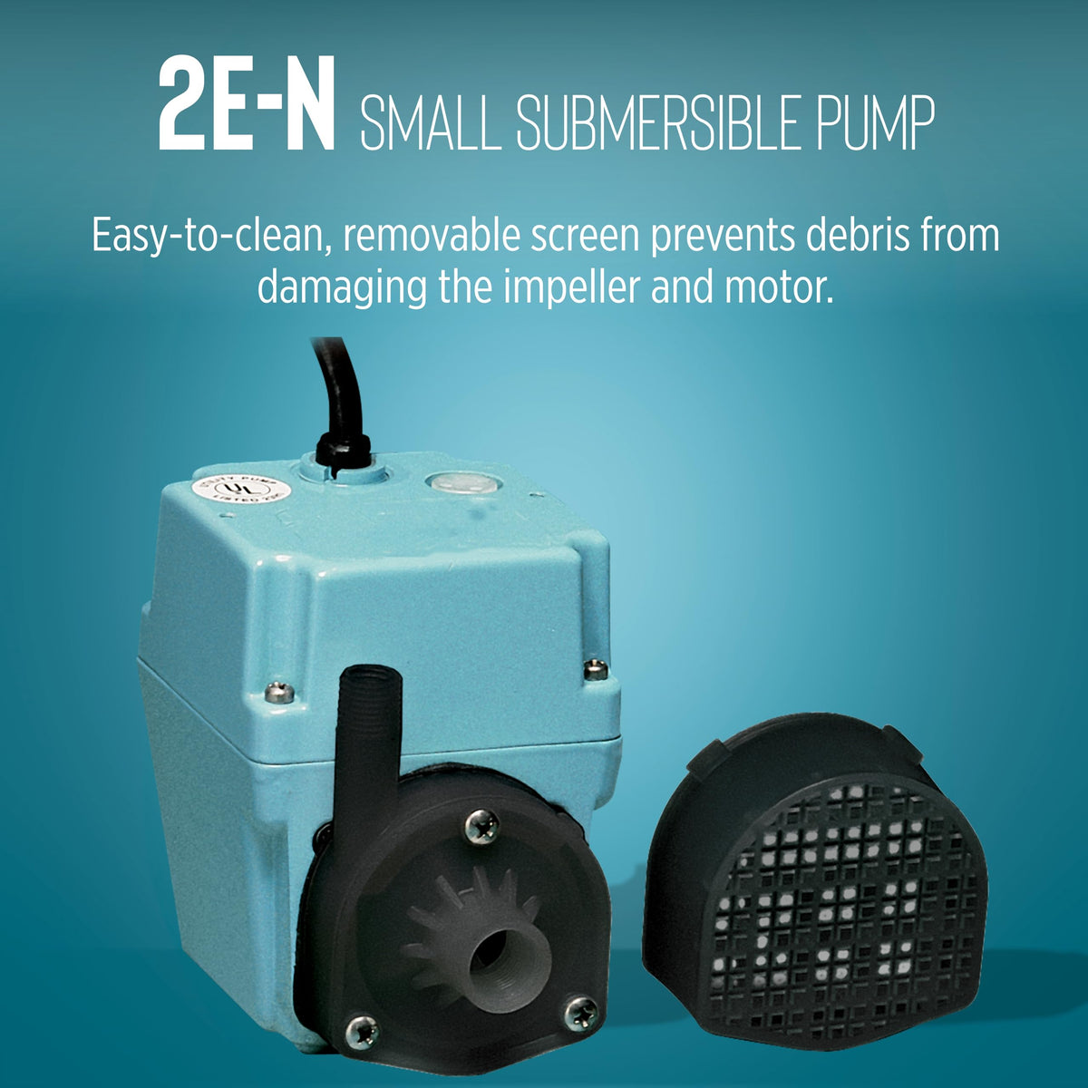 Little Giant 2E-N pump label close-up, thermal overload protection for reliability.