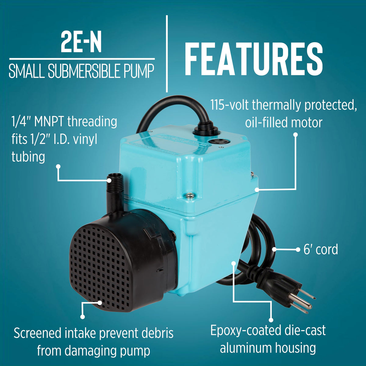 Little Giant 2E-N pump top view, 1/4 inch MNPT discharge for easy plumbing.