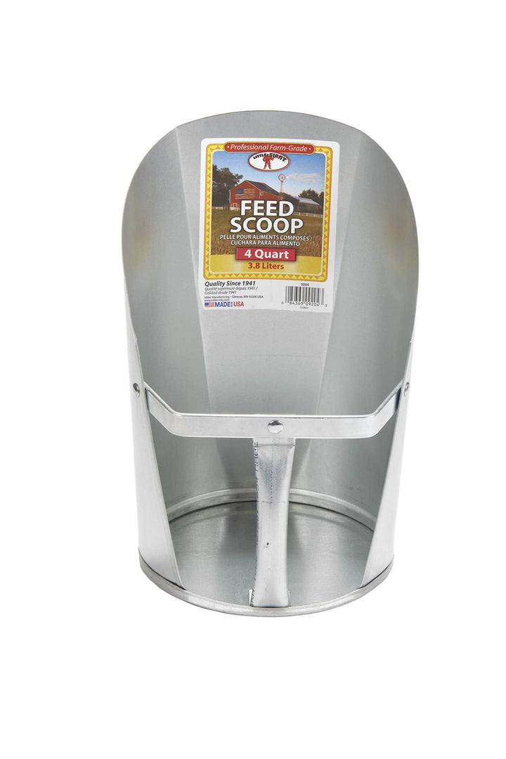 Little Giant 4-Quart Galvanized Feed Scoop close-up of heavy-gauge steel for durable use.
