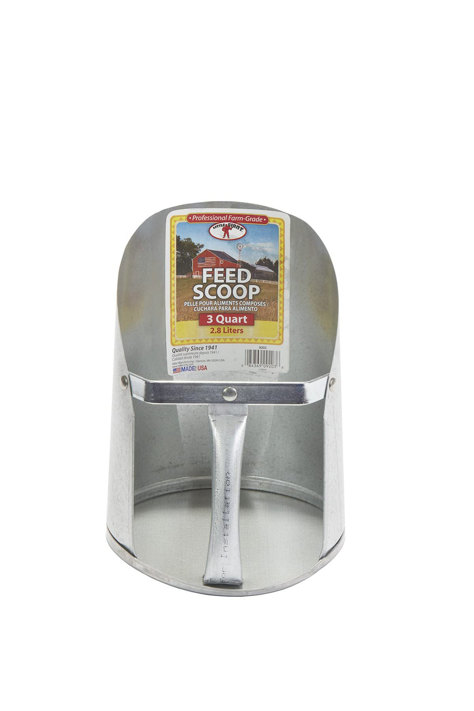 Little Giant galvanized feed scoop for livestock with enclosed handle for spill control