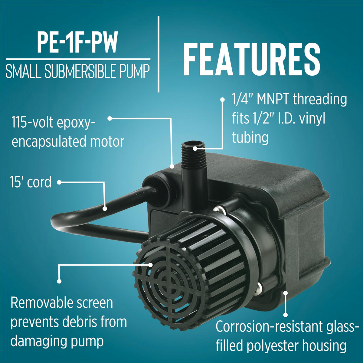 Little Giant PE-1F-PW 15-foot cord enables flexible placement in fountains.