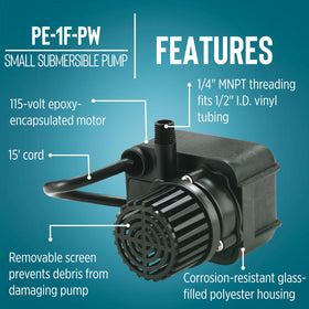 Little Giant PE-1F-PW 15-foot cord enables flexible placement in fountains.