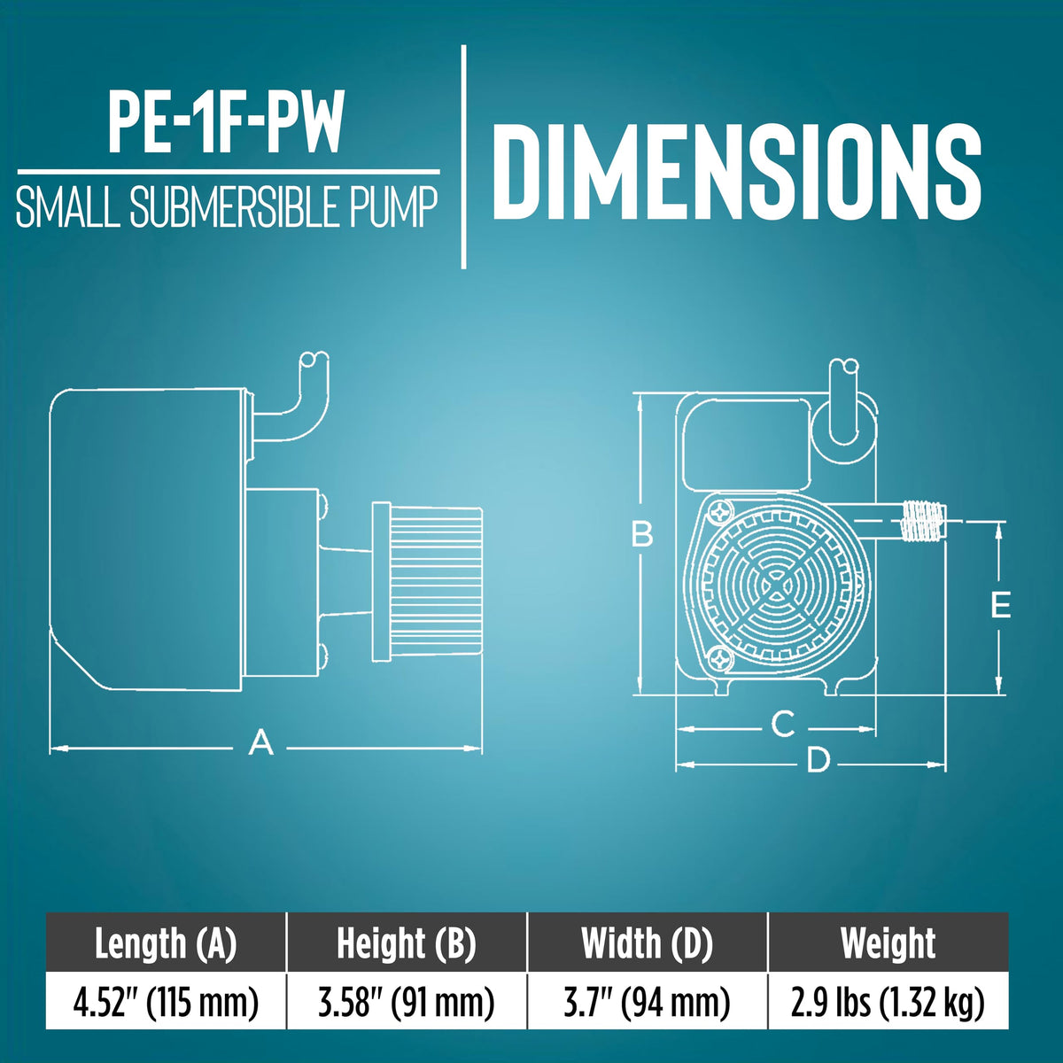 Little Giant PE-1F-PW compact pump designed for discreet underwater installations.