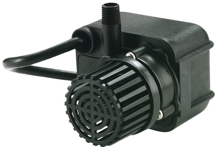 Little Giant PE-1F-PW submersible pump in a garden fountain delivering steady water flow.
