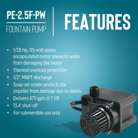 Little Giant PE-2.5F-PW compact dimensions fit tight fountain basins.