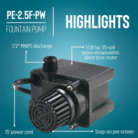 Little Giant PE-2.5F-PW pre-screen protects the impeller in debris-prone setups.