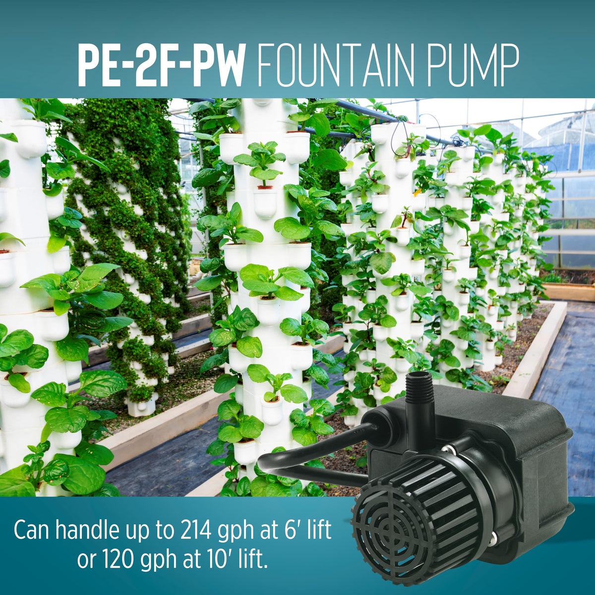 PE-2F-PW installed in a fountain setup delivering steady water flow.