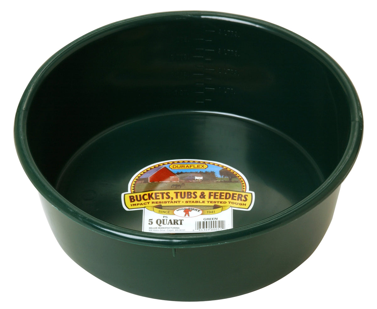 Little Giant 5-quart green utility pan for livestock feeding and watering.