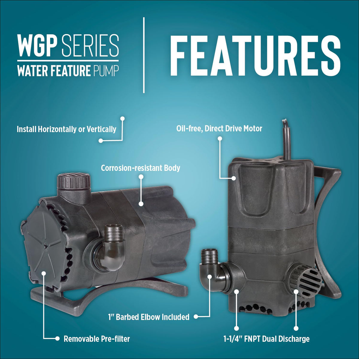 Little Giant WGP-65-PW dual discharge ports highlight versatile waterfall and stream setups.