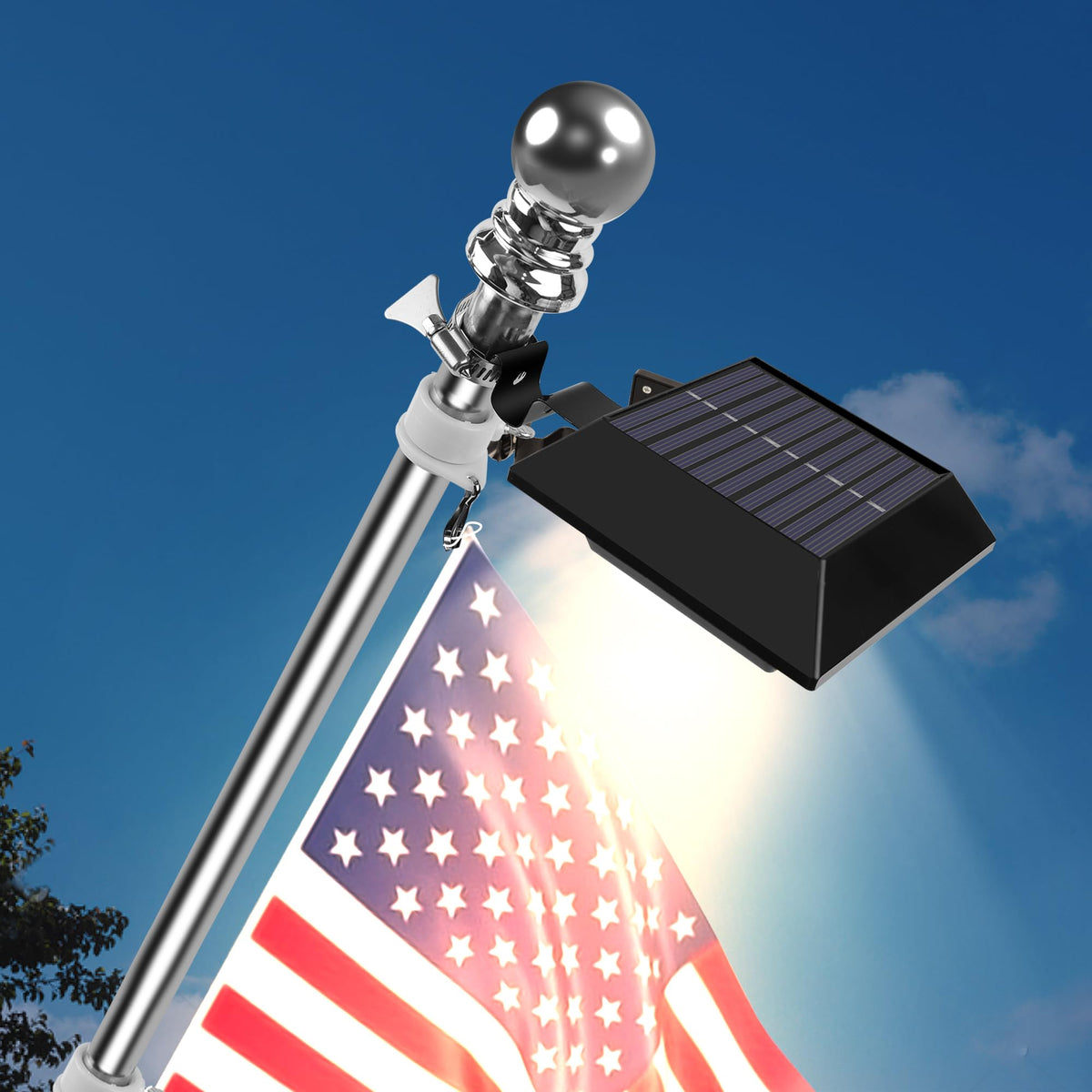 Little Joke solar flag light on a 6ft pole for even nighttime lighting