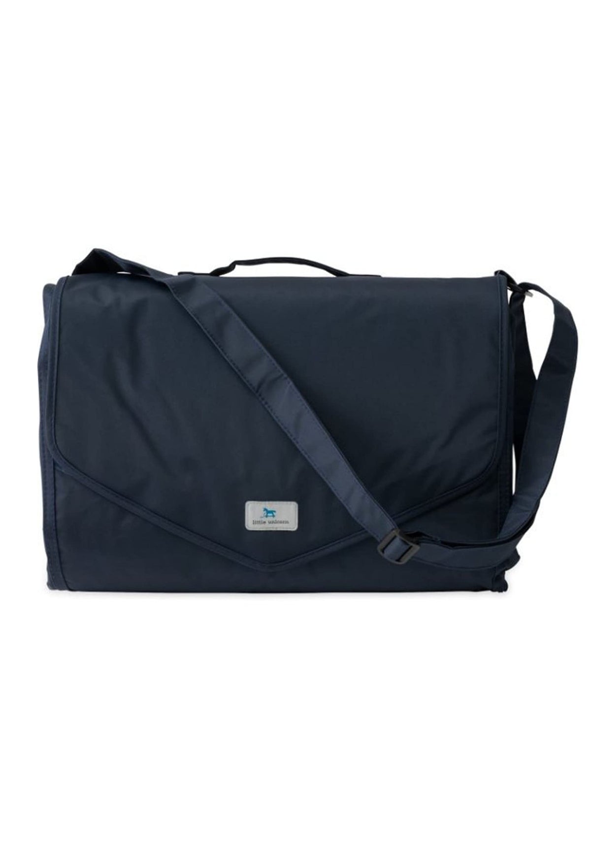 Little Unicorn picnic blanket features over-the-shoulder strap for hands-free carry.