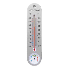 LittleGood vertical thermometer and hygrometer on wall showing room conditions