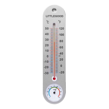 LittleGood vertical thermometer and hygrometer on wall showing room conditions