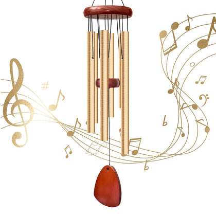 Litu 28 inch wind chimes outdoors in gold create a tranquil garden ambiance.