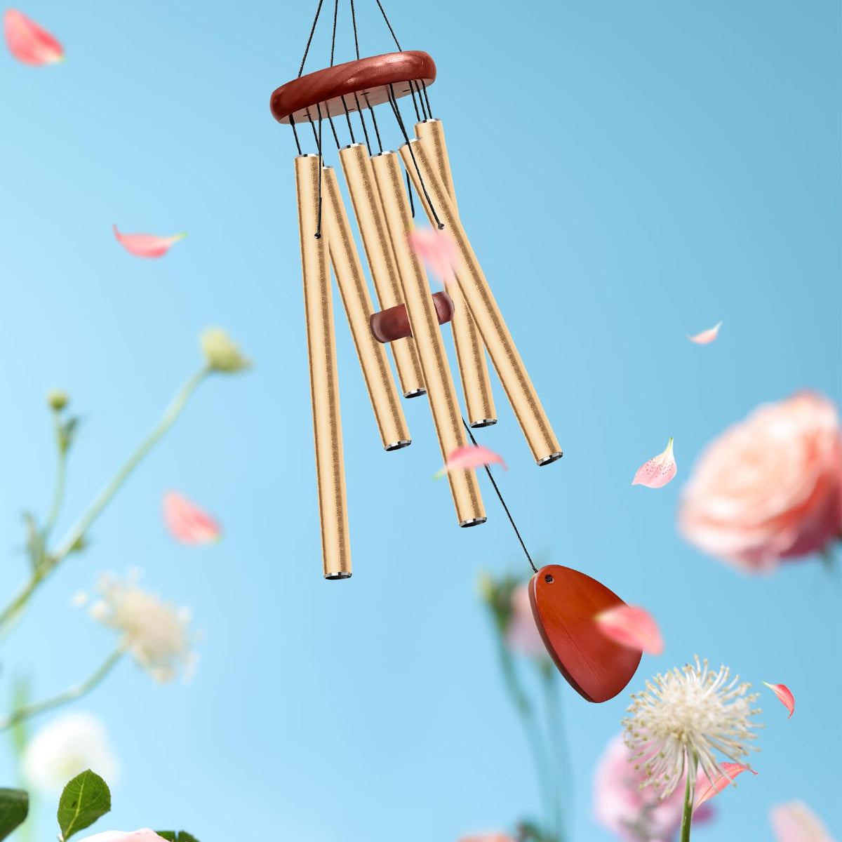 Litu backyard wind chimes amplify the atmosphere with light, airy melodies.