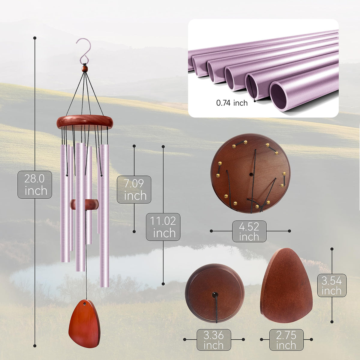 Litu top-disc pine wind chime construction provides durable outdoor performance.