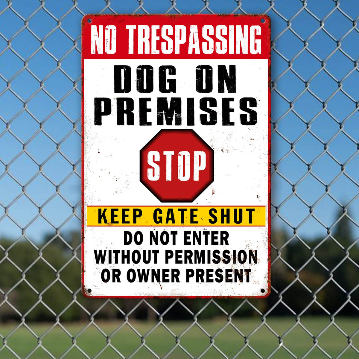 Liukliut dog sign fits garden, garage, or farm entryways.