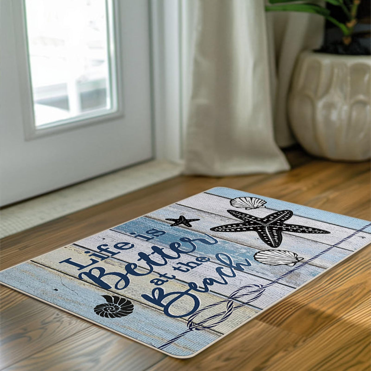 Livcoz indoor-outdoor entry mat suitable for porch, kitchen, and patio.