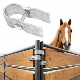Livestock Corrals horse panel clamps attach wood boards to 1-5/8-inch panels, securing stalls.