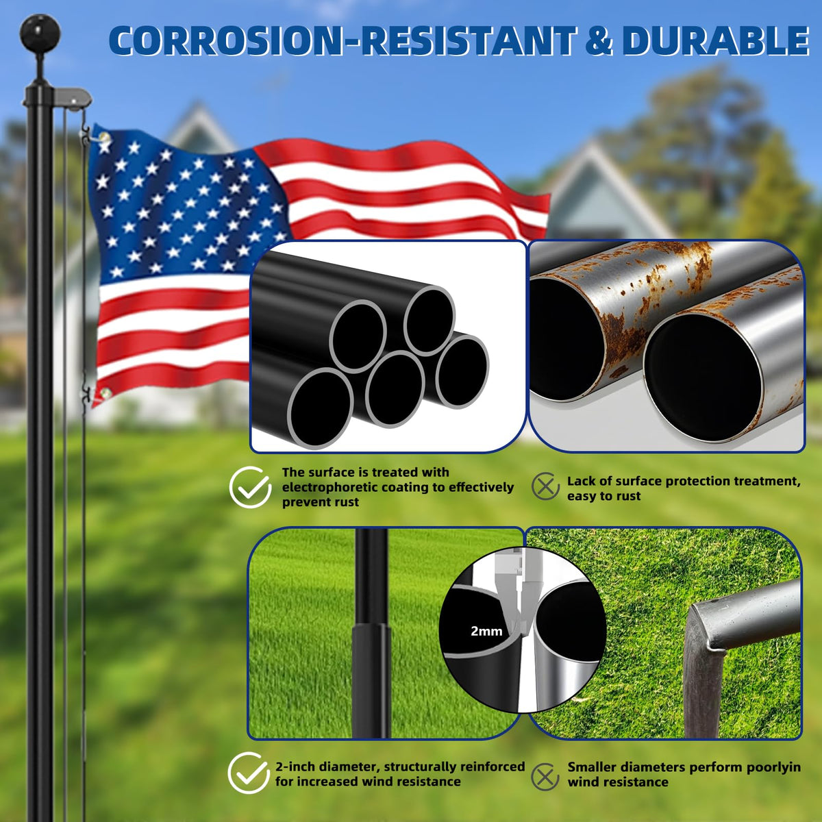 Livoccur extra-thick wall flag pole ensures long-lasting strength and reliability.