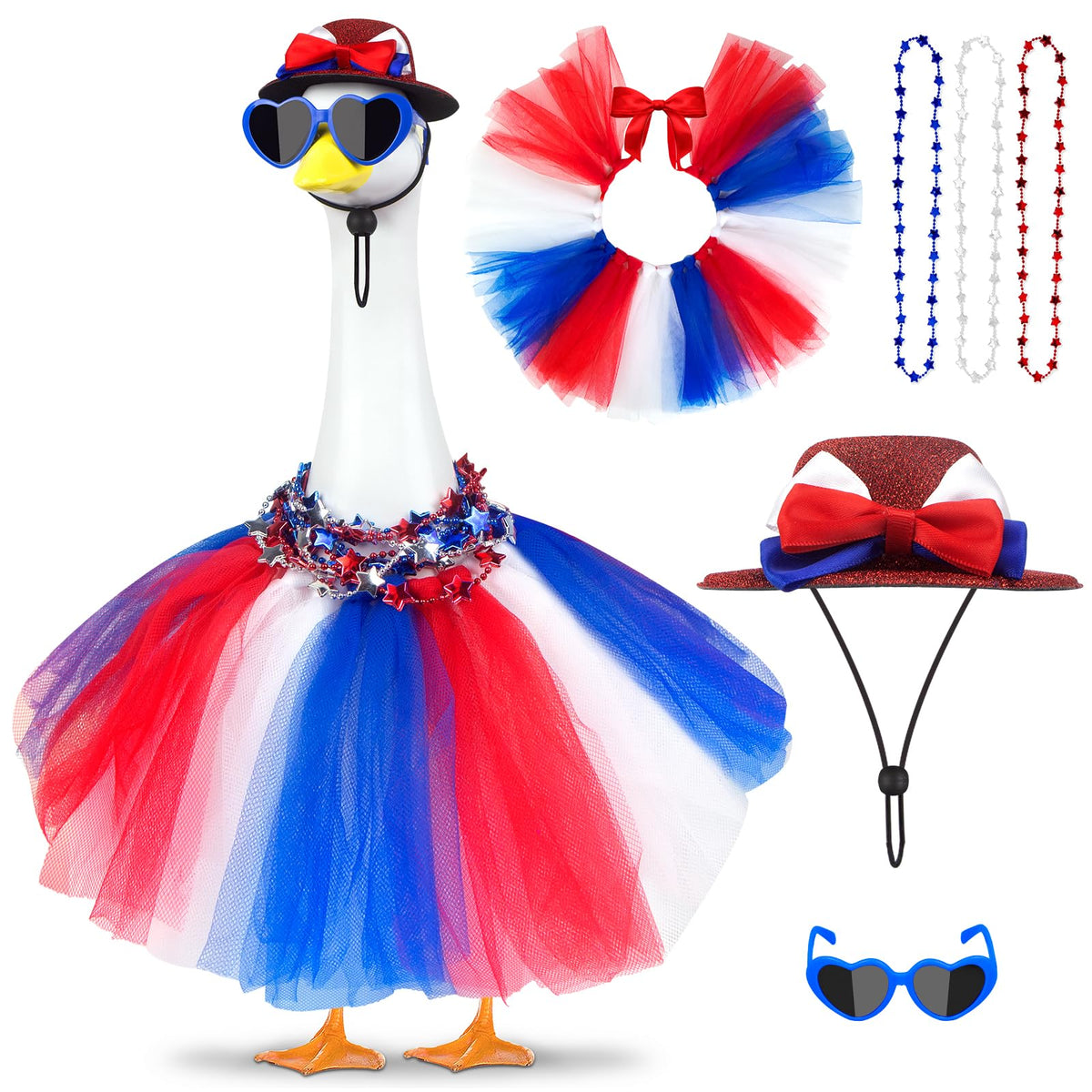 Lixintray goose outfit on a 17-23 inch goose, striped red-white-blue dress for festive porch decor.