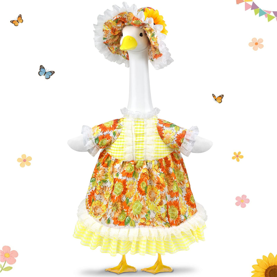 Lixintray Summer Porch Goose Outfit with sunflower dress on a statue for yard decor