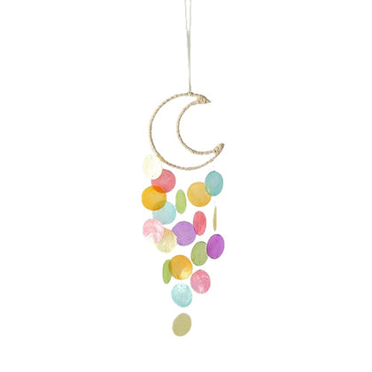 Liyujuping capiz shell wind chime with colorful moon design for tranquil outdoor ambience.