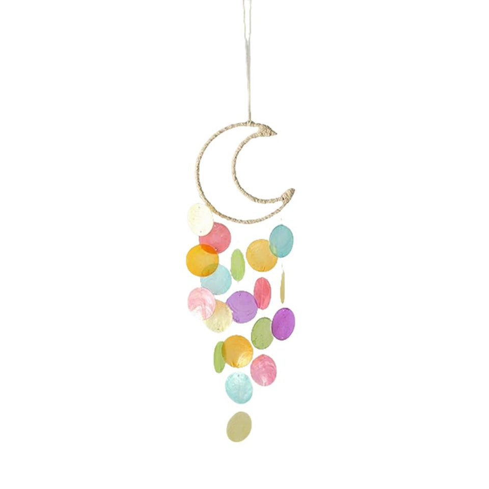 Liyujuping capiz shell wind chime with colorful moon design for tranquil outdoor ambience.