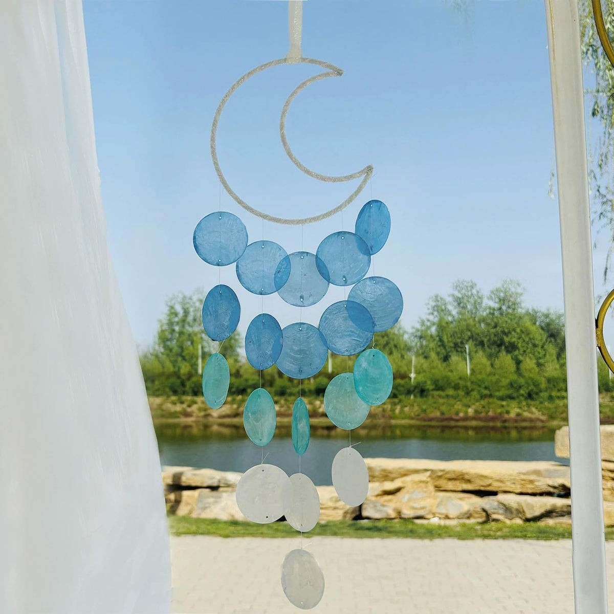 Liyujuping moon-design capiz wind chime for garden focal point