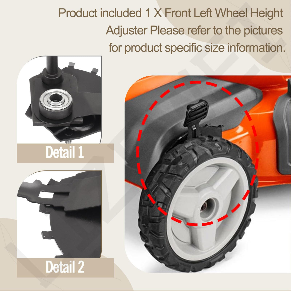 Close-up of front left height adjuster on Husqvarna HU700F for precise leveling