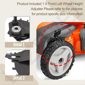 Close-up of front left height adjuster on Husqvarna HU700F for precise leveling