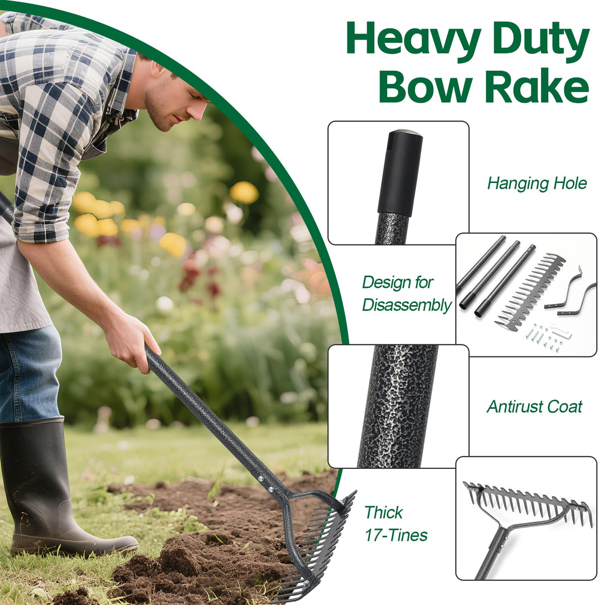 LLARGUEST Bow Rake head features anti-rust coating for heavy-duty durability.