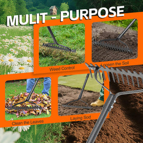 LLARGUEST Bow Rake ideal for leaf cleanup and lawn debris collection.