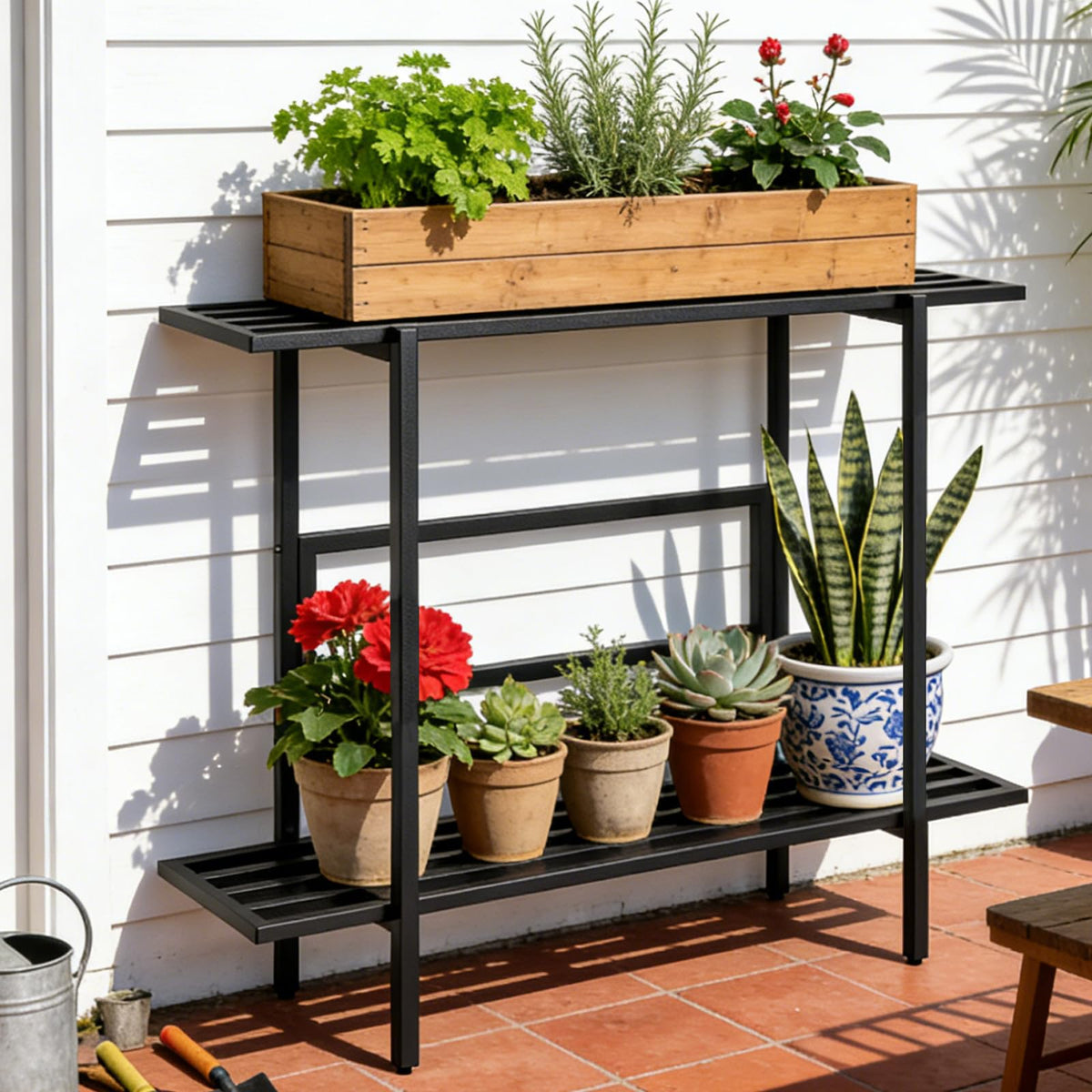 LLAXERGU heavy-duty plant stand side view highlights compact footprint against a wall.
