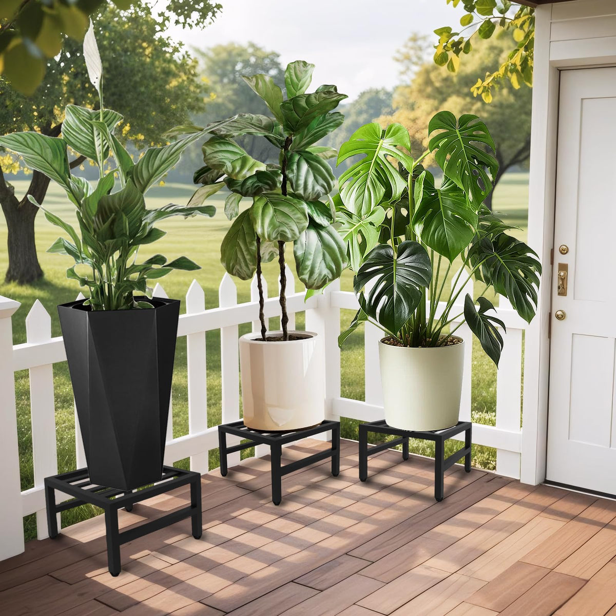 LLAXERGU plant stand side view highlights weatherproof finish and anti-slip pads.