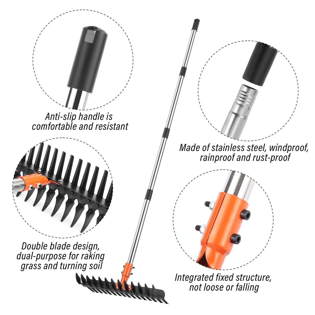 Lmaytech dethatching rake with steel tines close-up showing durable construction