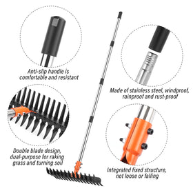 Lmaytech dethatching rake with steel tines close-up showing durable construction