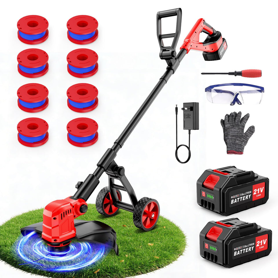 Lmozim 14-inch cordless trimmer with wheel improves lawn efficiency.