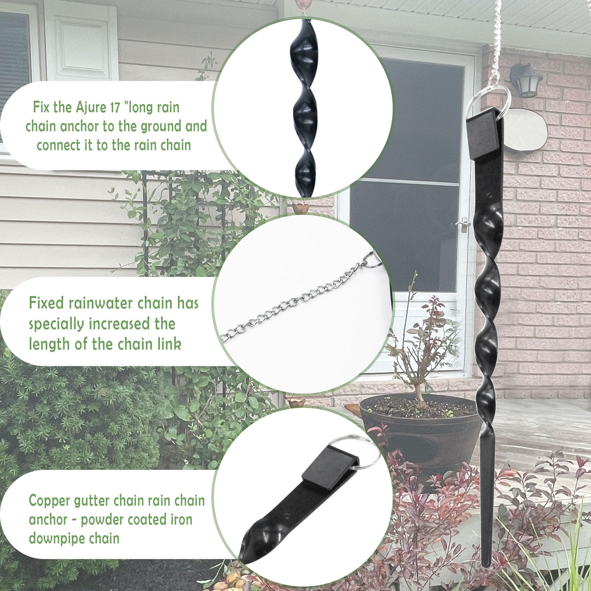 LNATPPE rain chain anchor installed on a rain gutter for security.