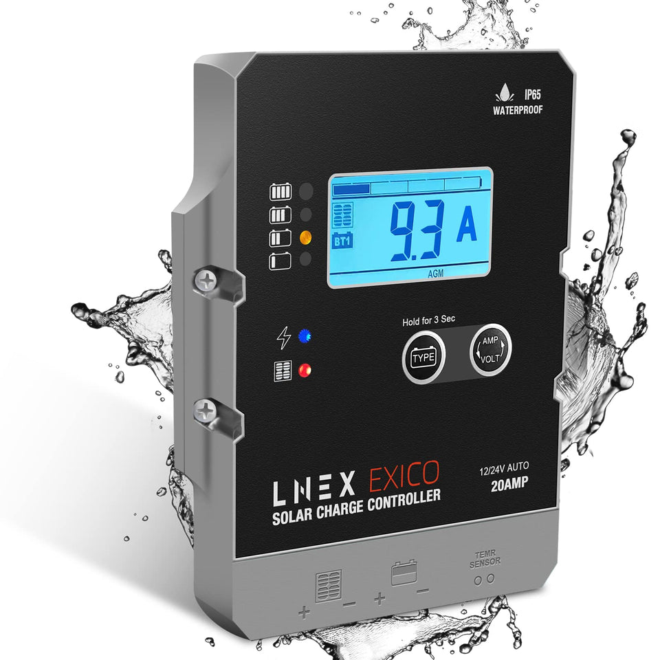 LNEX solar charge controller 20A waterproof with LCD for outdoor charging.