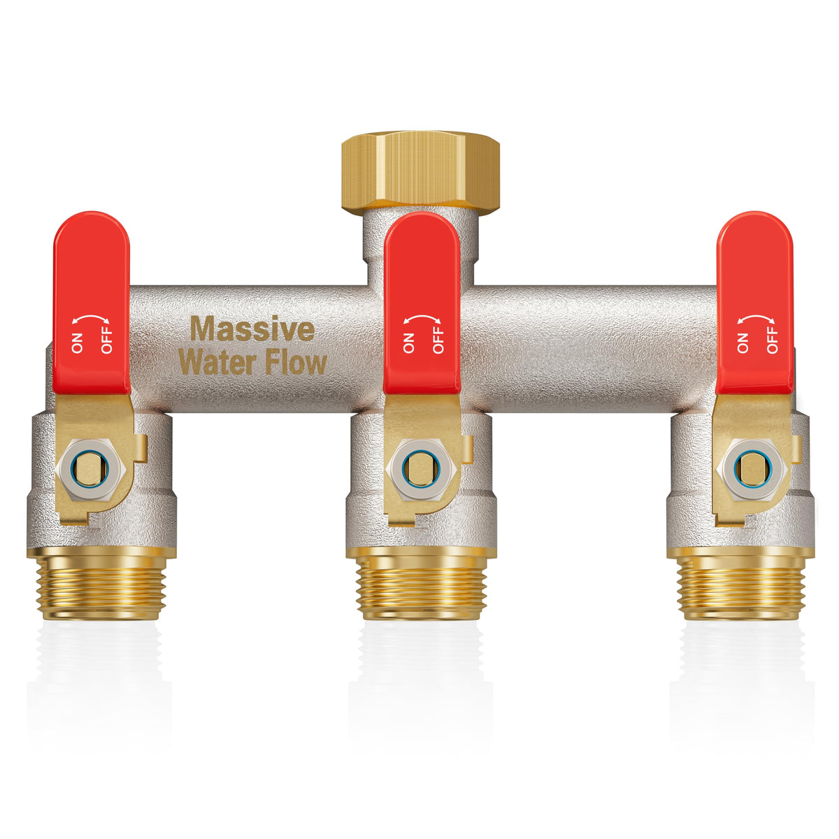 LNEZCDB 3-way hose splitter red full flow demonstrates efficient water distribution.
