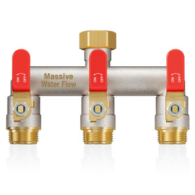 LNEZCDB 3-way hose splitter red full flow demonstrates efficient water distribution.