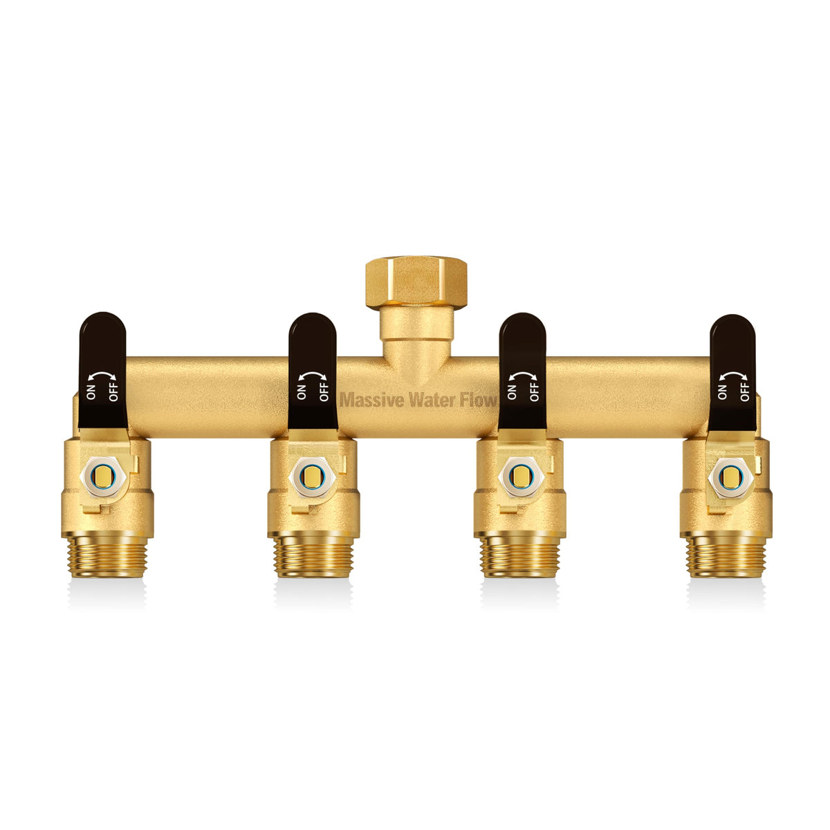 LNEZCDB 4-way hose splitter front view showcases rugged brass construction for outdoor use.