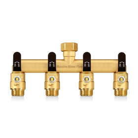 LNEZCDB 4-way hose splitter front view showcases rugged brass construction for outdoor use.