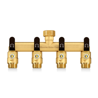 LNEZCDB 4-way hose splitter front view showcases rugged brass construction for outdoor use.