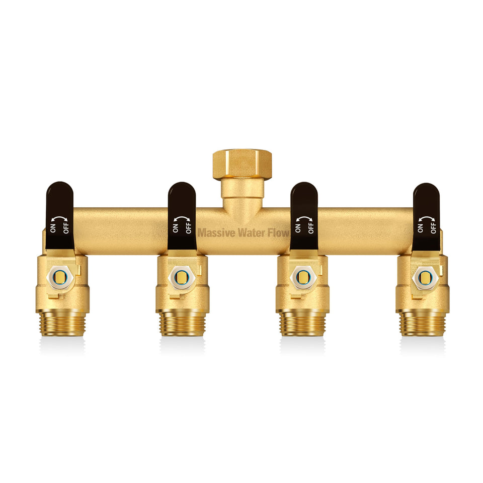 LNEZCDB 4-way hose splitter front view showcases rugged brass construction for outdoor use.