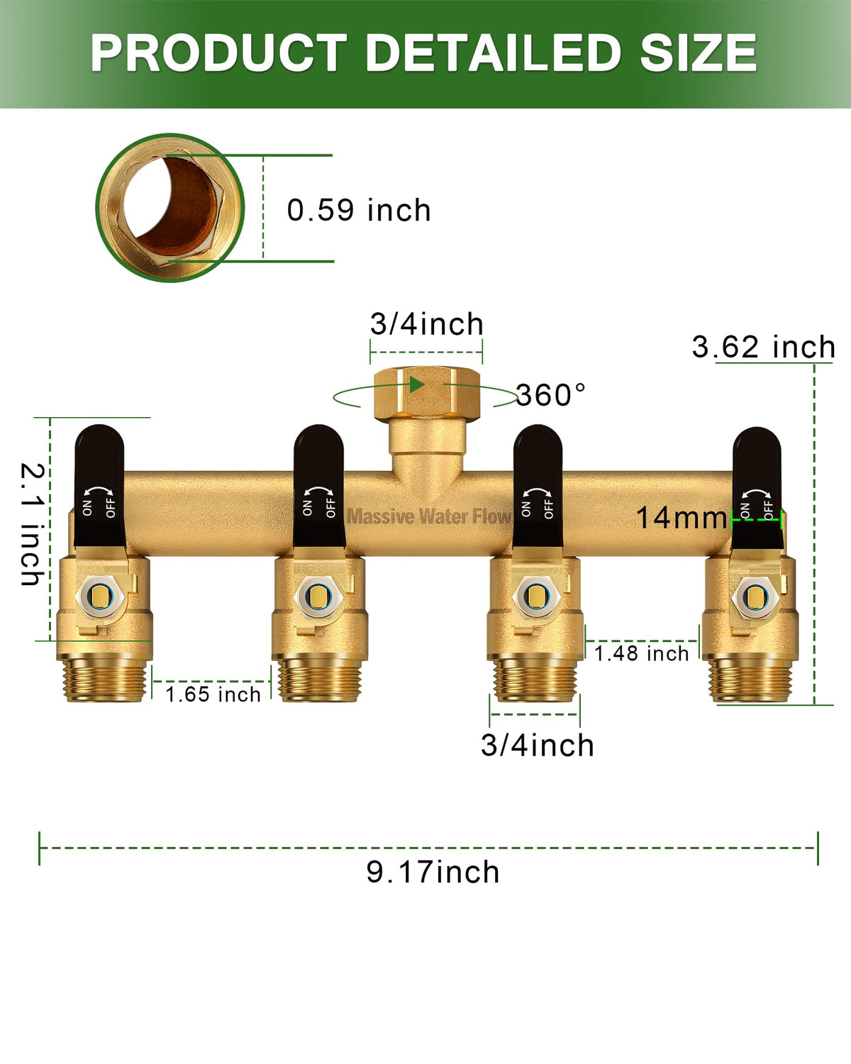 LNEZCDB brass splitter side view highlights heavy-duty design and durability.