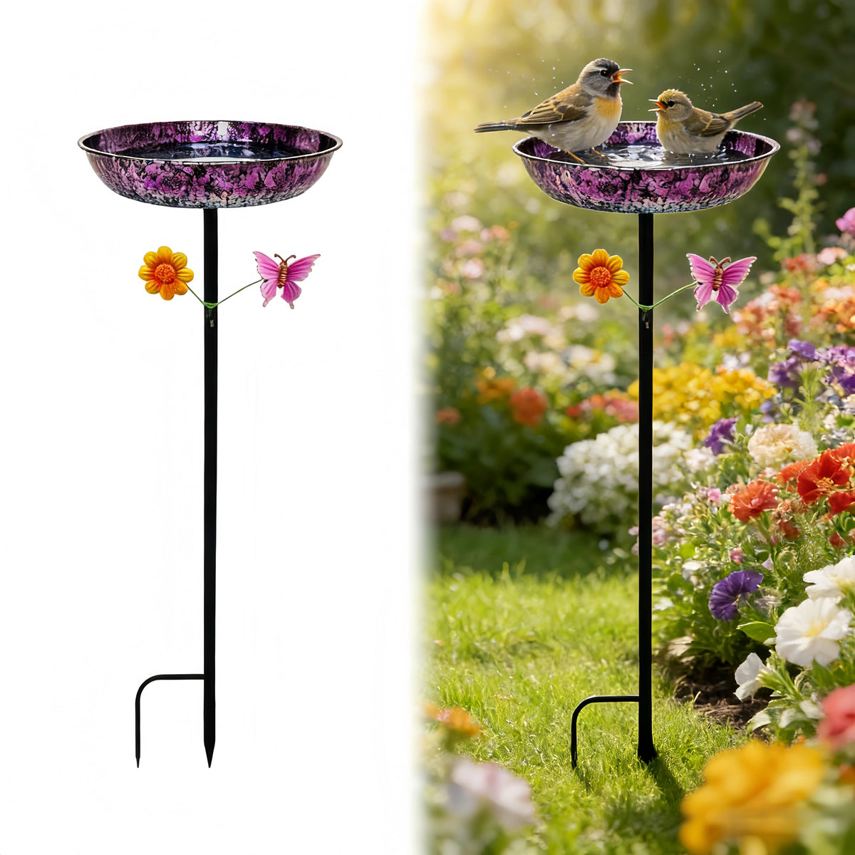 LNGMT metal bird bath purple bowl showcases a durable water source for visiting birds.