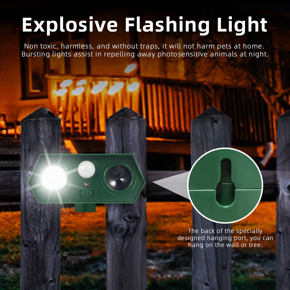 LNYUHAD Sonic Fortress Pro raccoon deterrent at night with LEDs.