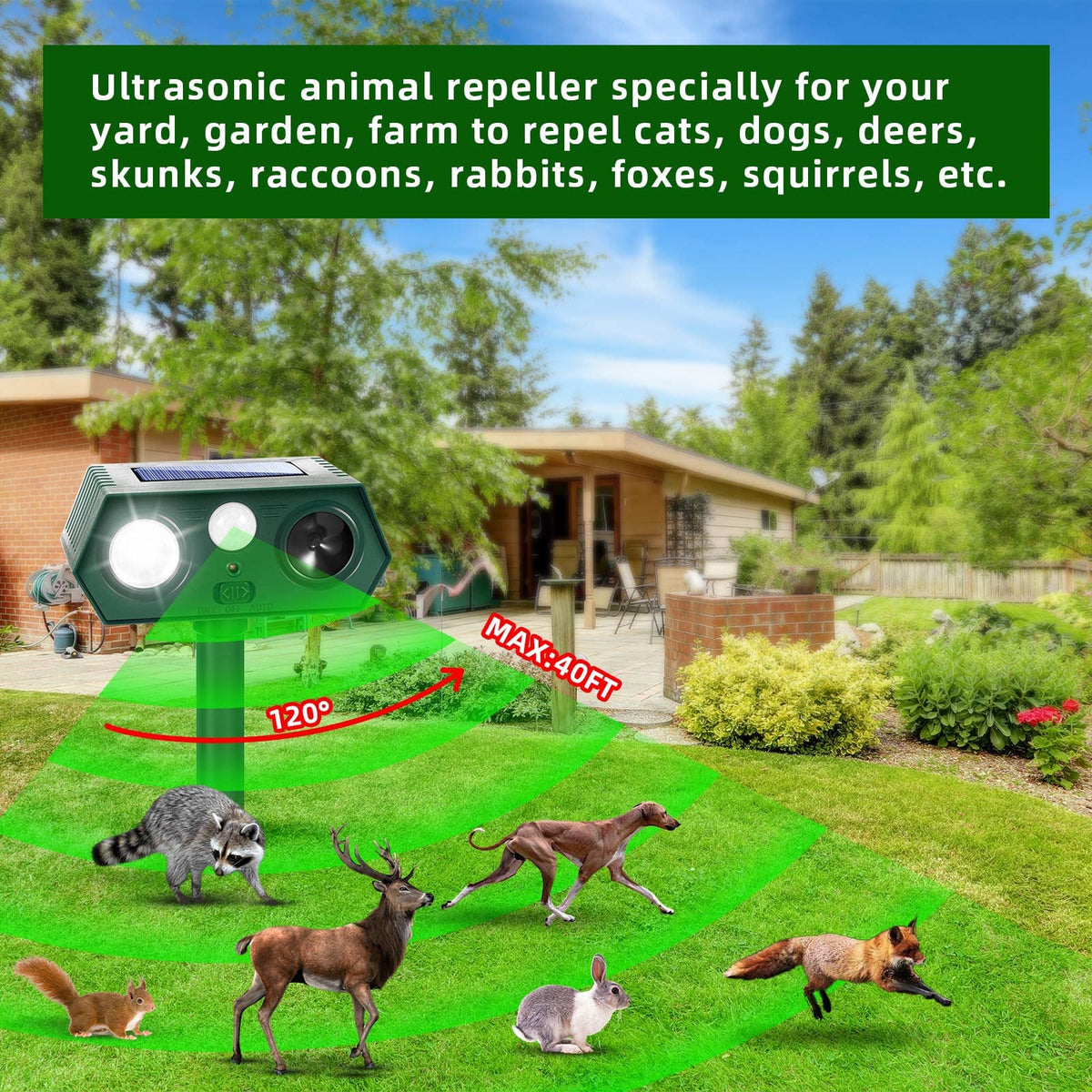 LNYUHAD Sonic Fortress Pro squirrel deterrent near yard perimeter.
